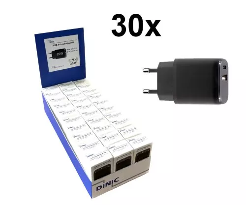 30x PW-20WCA-S (Chargeur USB C+A 20W) noir en présentoir de comptoir DINIC